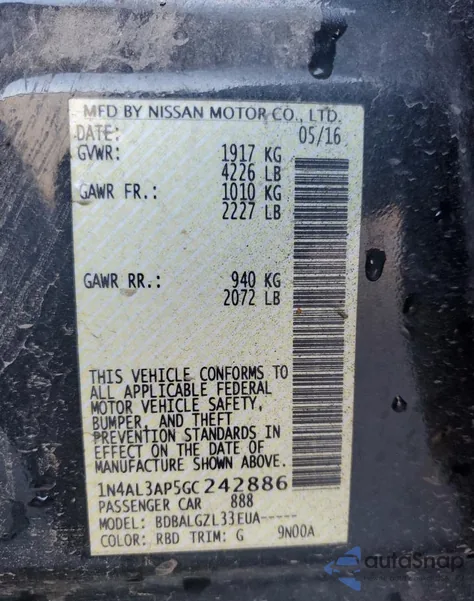 2016 Nissan Altima 2.5 from USA, damaged, VIN 1N4AL3AP5GC242886